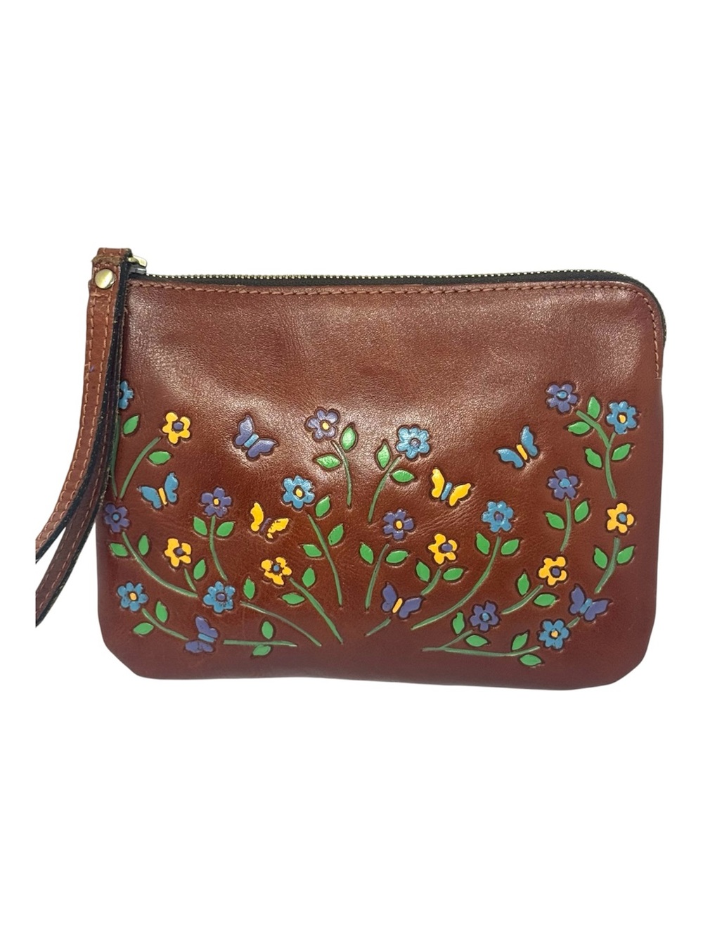 Patricia Nash Cassini Brown Leather Wristlet Clutch Tooled Floral Hand Painted